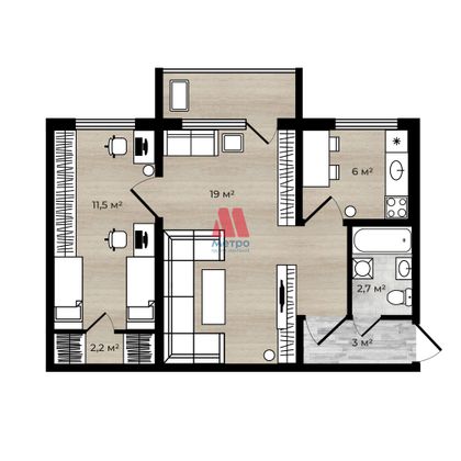 Продажа 2-комнатной квартиры 46,2 м², 3/5 этаж