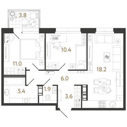 56,5 м², 2-комн. квартира, 8/14 этаж