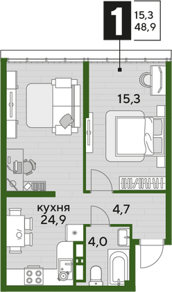 Продажа 1-комнатной квартиры 48,9 м², 16/16 этаж