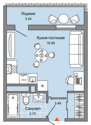 27 м², студия, 4/8 этаж