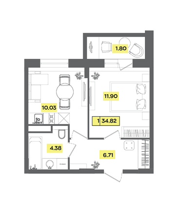 34,8 м², 2-комн. квартира, 5 этаж