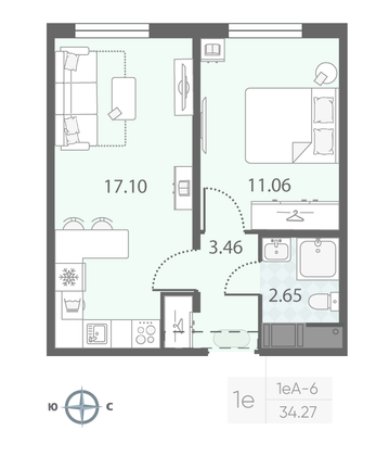 Продажа 1-комнатной квартиры 34,3 м², 3/23 этаж