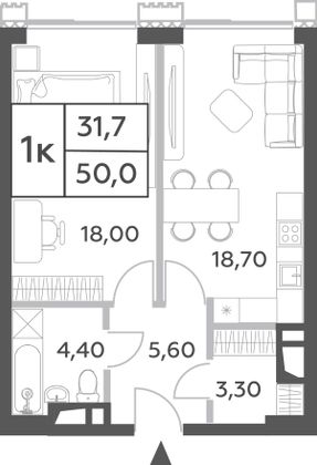 Продажа 1-комнатной квартиры 50 м², 12/52 этаж