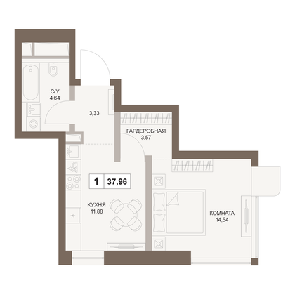 38 м², 1-комн. квартира, 50/75 этаж