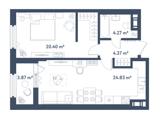 55,8 м², 1-комн. квартира, 2/11 этаж