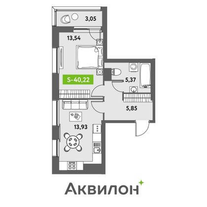 40,2 м², 1-комн. квартира, 7/12 этаж