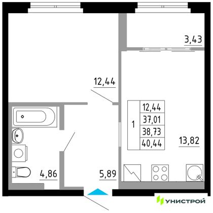 38,7 м², 1-комн. квартира, 5/27 этаж