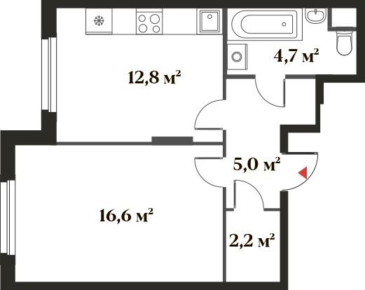 41,3 м², 1-комн. квартира, 1/6 этаж