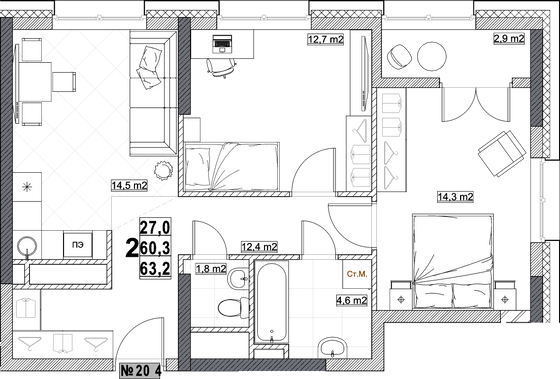 Продажа 2-комнатной квартиры 63,2 м², 8/24 этаж