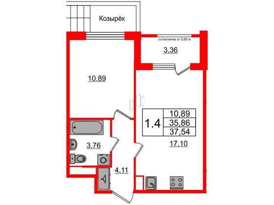 Продажа 1-комнатной квартиры 35,9 м², 1/4 этаж