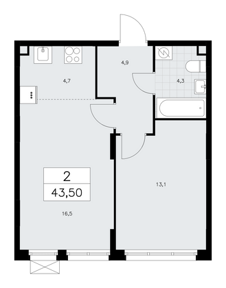 43,5 м², своб. планировка, 2/10 этаж