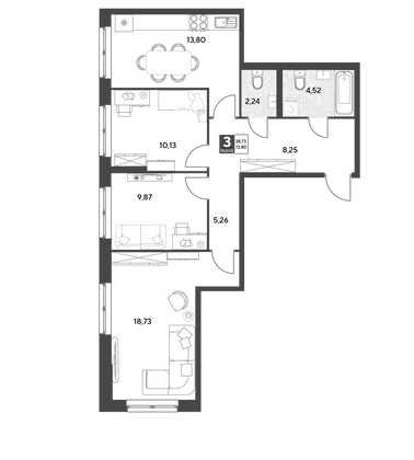 Продажа 3-комнатной квартиры 72,8 м², 5/25 этаж