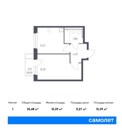 35,5 м², 1-комн. квартира, 7/17 этаж