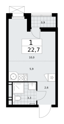 22,7 м², своб. планировка, 9/17 этаж