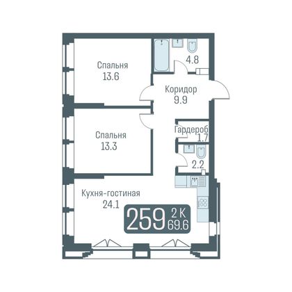 Продажа 2-комнатной квартиры 69,6 м², 1/24 этаж