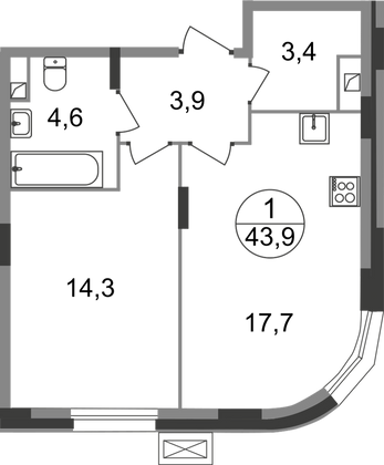 43,9 м², 1-комн. квартира, 1/9 этаж