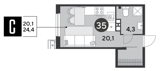 Продажа квартиры-студии 24,4 м², 5/18 этаж