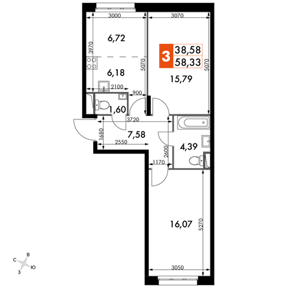 58,3 м², 3-комн. квартира, 11/15 этаж