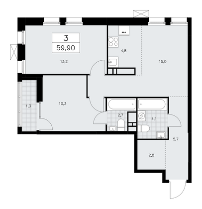 59,9 м², 3-комн. квартира, 14/18 этаж