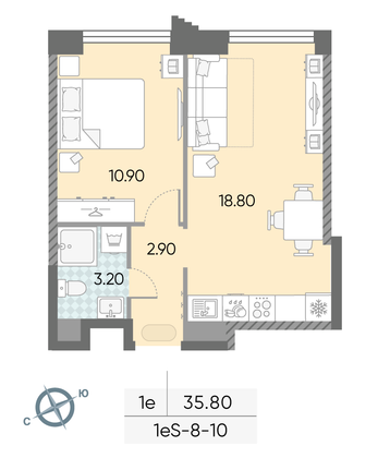 Продажа 1-комнатной квартиры 35,8 м², 10/58 этаж