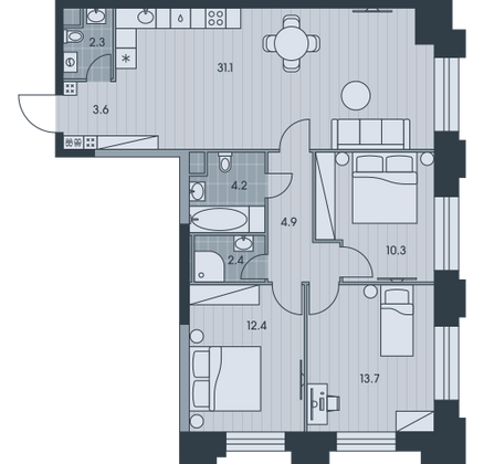 84,9 м², 4-комн. квартира, 32/34 этаж