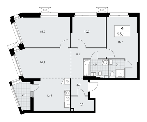 93,1 м², своб. планировка, 2/21 этаж