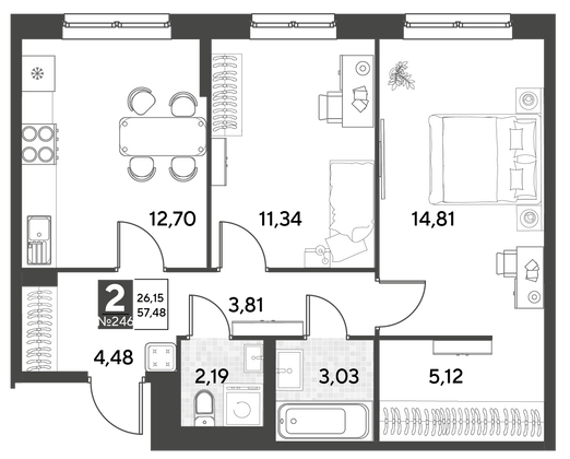 Продажа 2-комнатной квартиры 57,5 м², 8/25 этаж