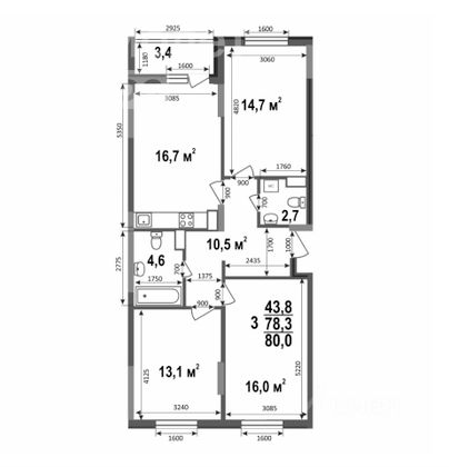 80 м², 3-комн. квартира, 2/10 этаж