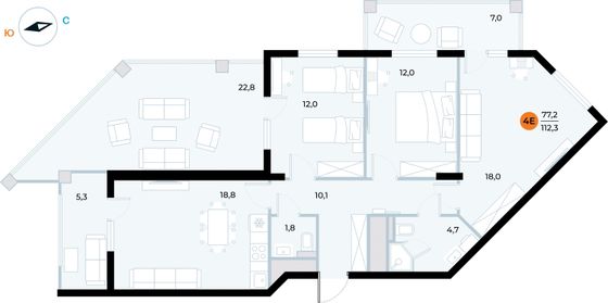 112,3 м², 3-комн. квартира, 2/6 этаж