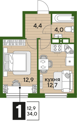 Продажа 1-комнатной квартиры 34 м², 15/19 этаж