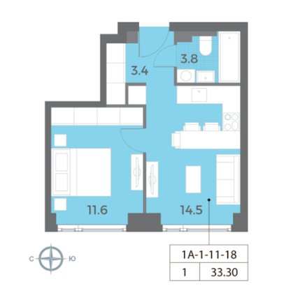 Продажа 1-комнатной квартиры 33,3 м², 20/52 этаж