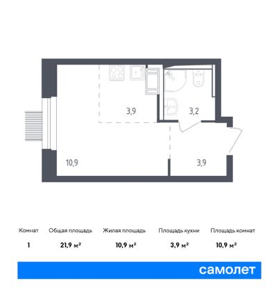 21,9 м², студия, 15/17 этаж