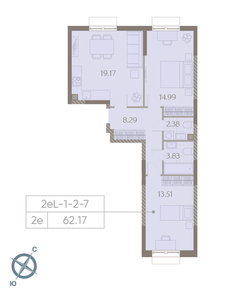 62,2 м², 2-комн. квартира, 7/23 этаж