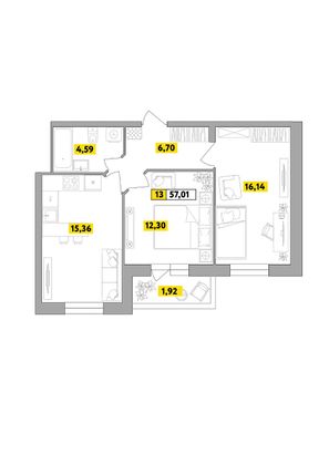 57 м², 3-комн. квартира, 2 этаж