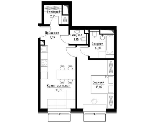 Продажа 1-комнатной квартиры 45,1 м², 14/30 этаж
