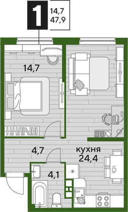 Продажа 1-комнатной квартиры 47,9 м², 9/16 этаж