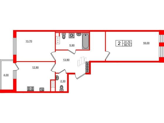 Продажа 2-комнатной квартиры 66,7 м², 4/10 этаж