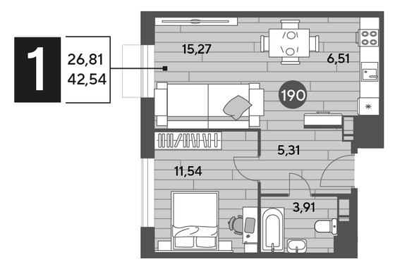 Продажа 1-комнатной квартиры 42,5 м², 9/15 этаж