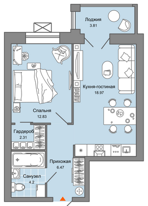 47 м², 2-комн. квартира, 3/6 этаж