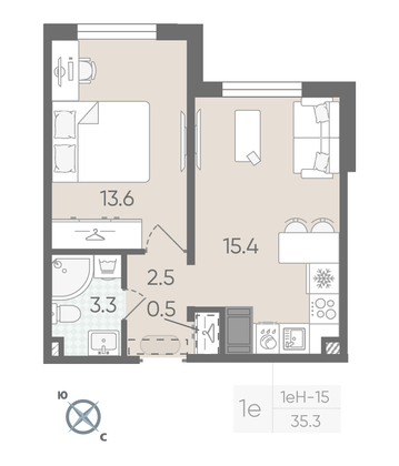Продажа 1-комнатной квартиры 35,3 м², 13/22 этаж