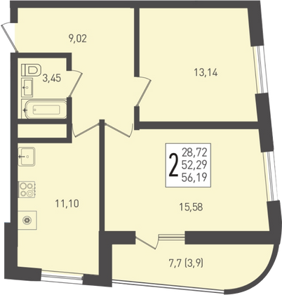 56,2 м², 2-комн. квартира, 24/24 этаж