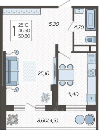 Продажа 1-комнатной квартиры 50,8 м², 15/16 этаж