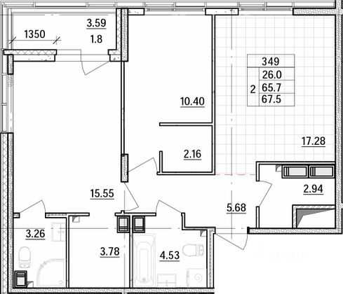 Продажа 2-комнатной квартиры 66,7 м², 10/12 этаж