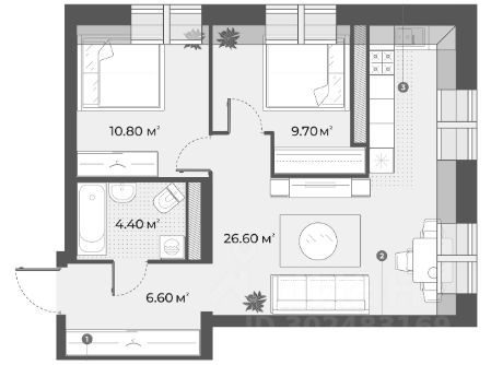 Продажа 2-комнатной квартиры 58,1 м², 6/6 этаж