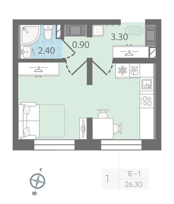 Продажа 1-комнатной квартиры 26,3 м², 3/25 этаж