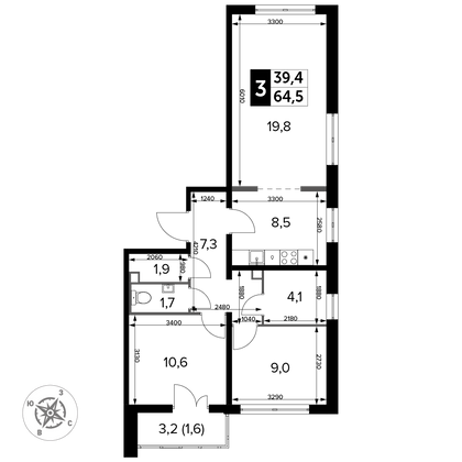 64,5 м², 3-комн. квартира, 4/24 этаж