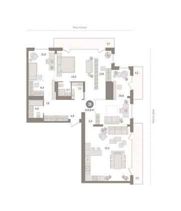 153,8 м², 3-комн. квартира, 25/25 этаж