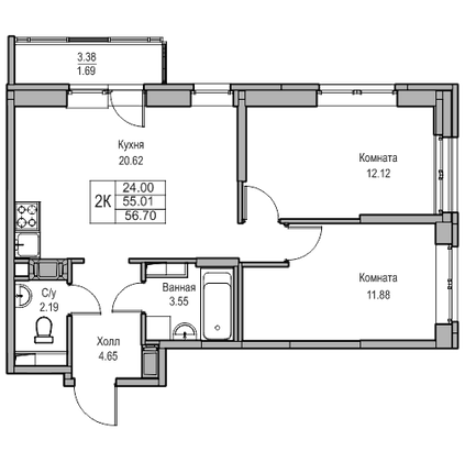 Продажа 2-комнатной квартиры 55 м², 4/23 этаж