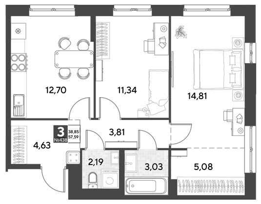 Продажа 3-комнатной квартиры 57,6 м², 8/21 этаж