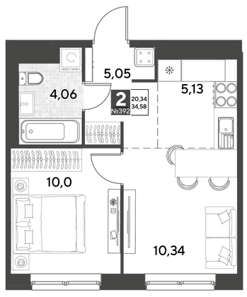 Продажа 2-комнатной квартиры 34,6 м², 2/21 этаж